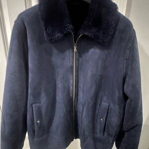 Genuine Shearling Lamb Fur Saks Fifth Avenue Navy Bomber Jacket
